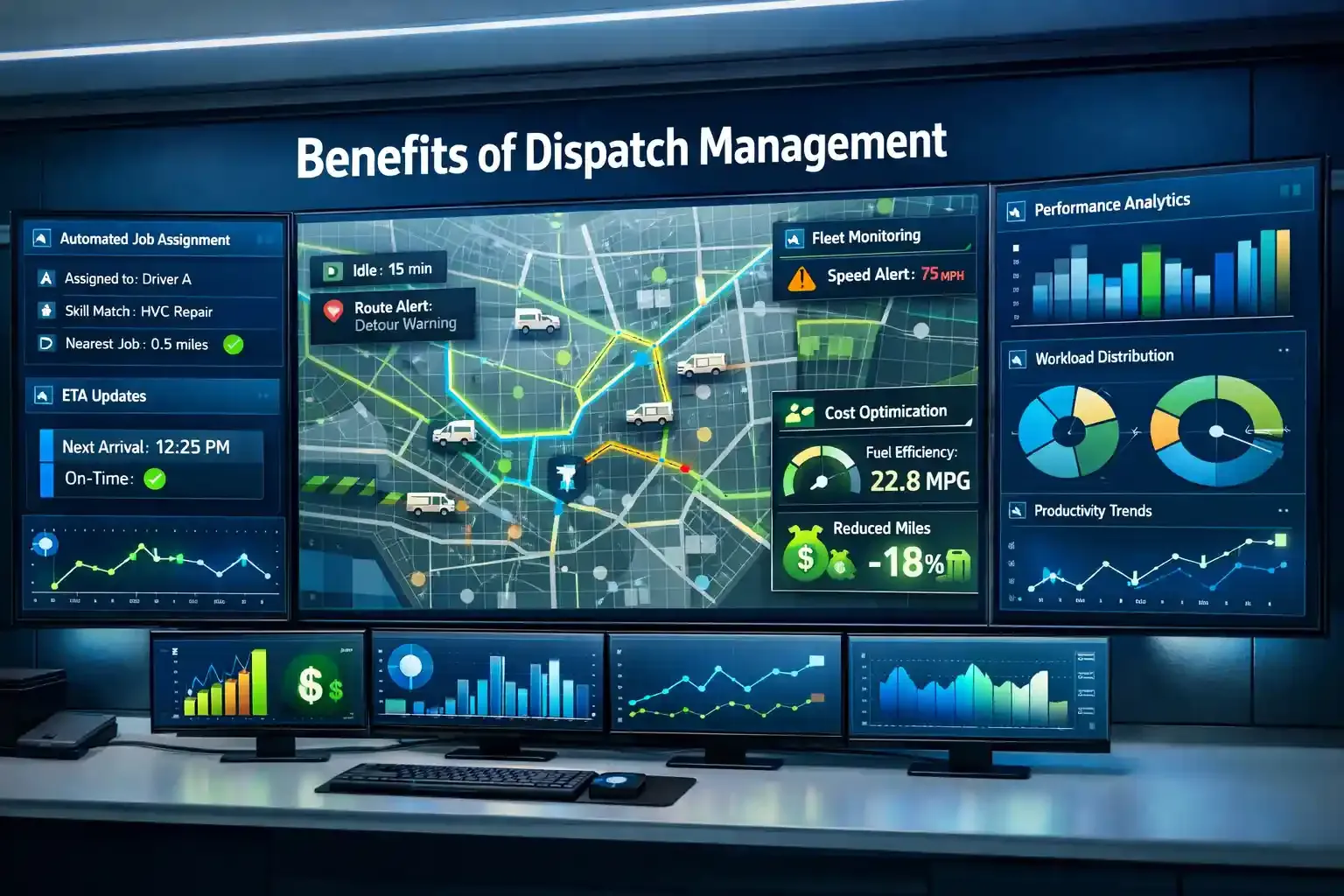 Dispatch dashboard showing routes, ETAs, fleet tracking, and analytics